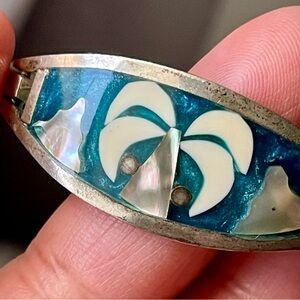 Mexican Coconut Tree Mother Of Pearl Inlay Blue Enamel Unsigned Cuff Bracelet